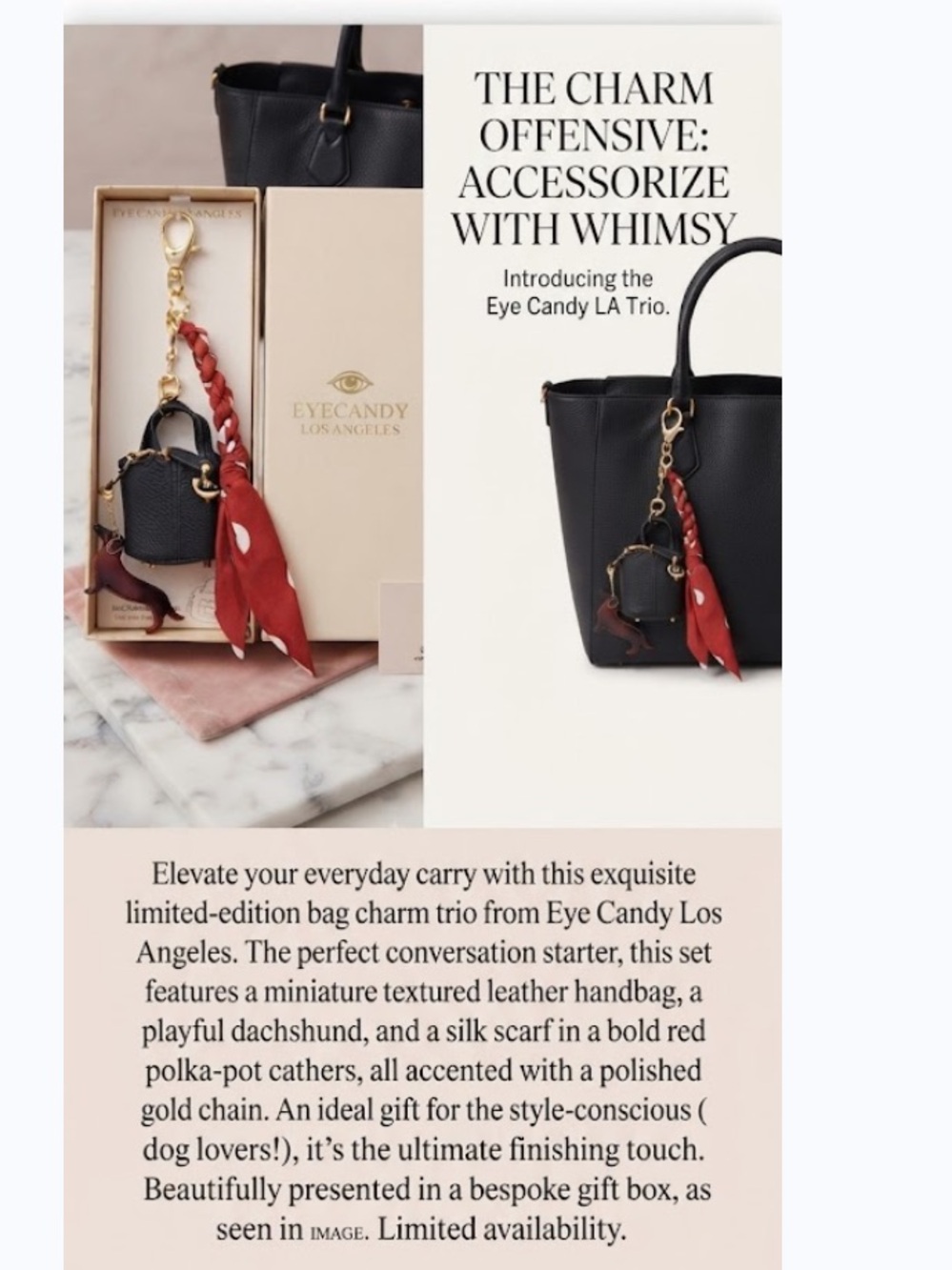 NIB Eye Candy LA Bag Charm Trio Dachshund Dog Mini Purse Scarf